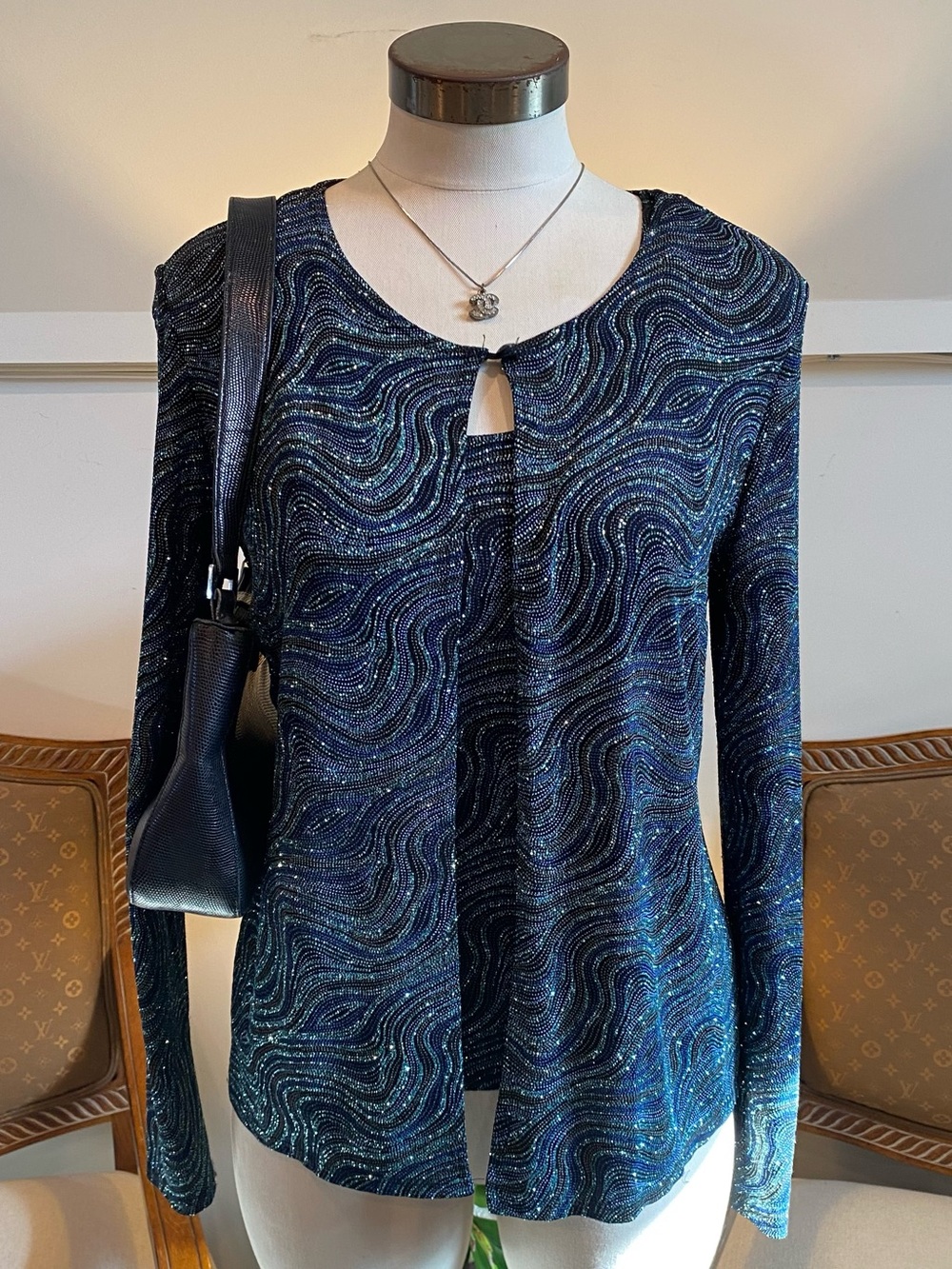 Vintage 90s Blu Sage Sparkly Blue Wavy Glitter Cardigan & Tank Set S Whimsygoth